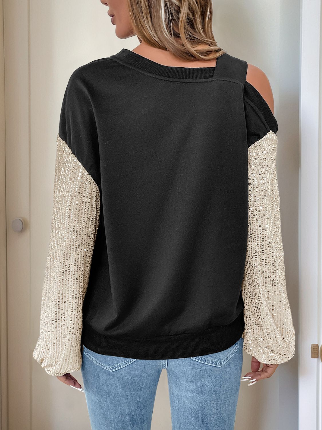 Perfee Sequin Asymmetrical Neck Long Sleeve Sweatshirt