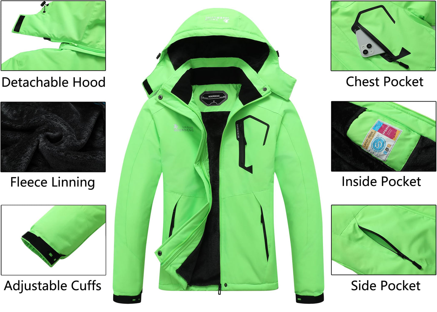 MOERDENG Women's Waterproof Ski Jacket Warm Winter Snow Coat Mountain Windbreaker Hooded Raincoat Jacket