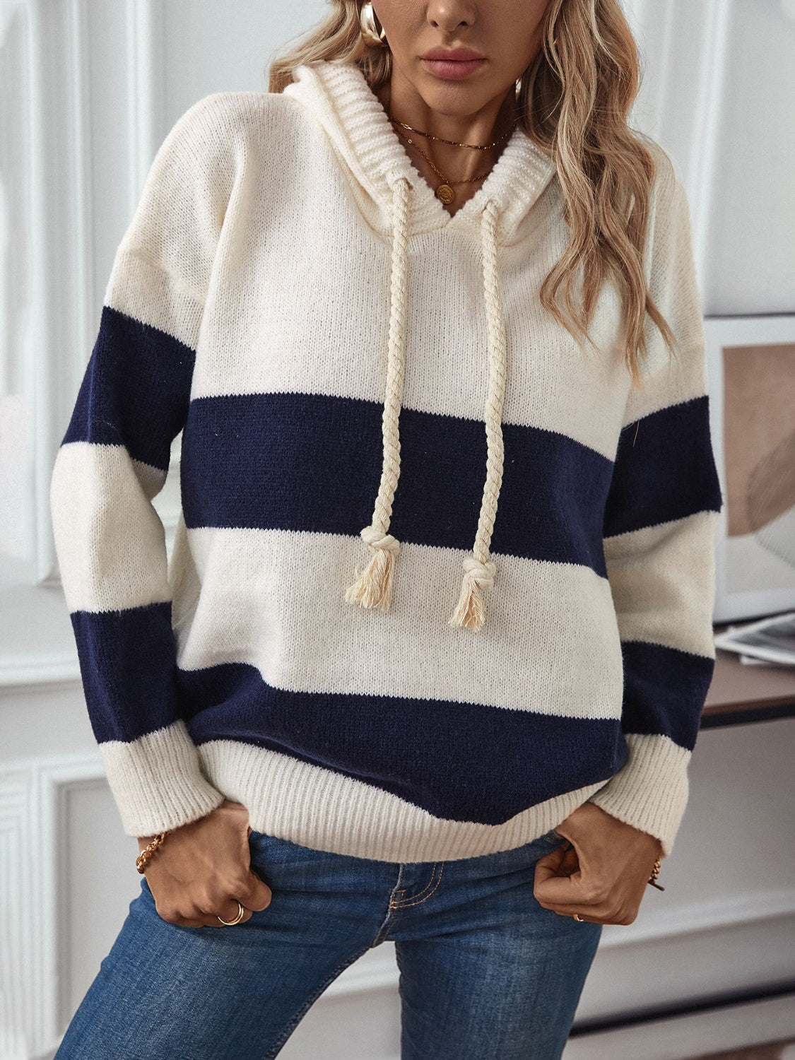 Drawstring Contrast Stripe Dropped Shoulder Hooded Sweater