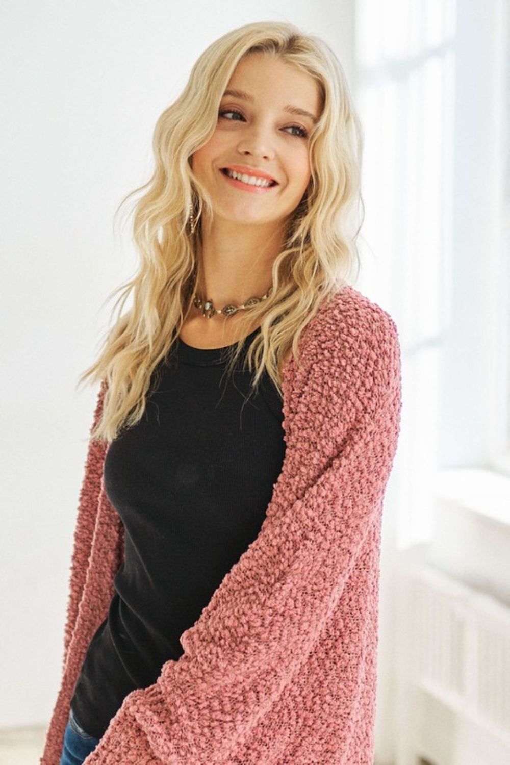 ADORA Popcorn Knit Open Front Long Sleeve Cardigan