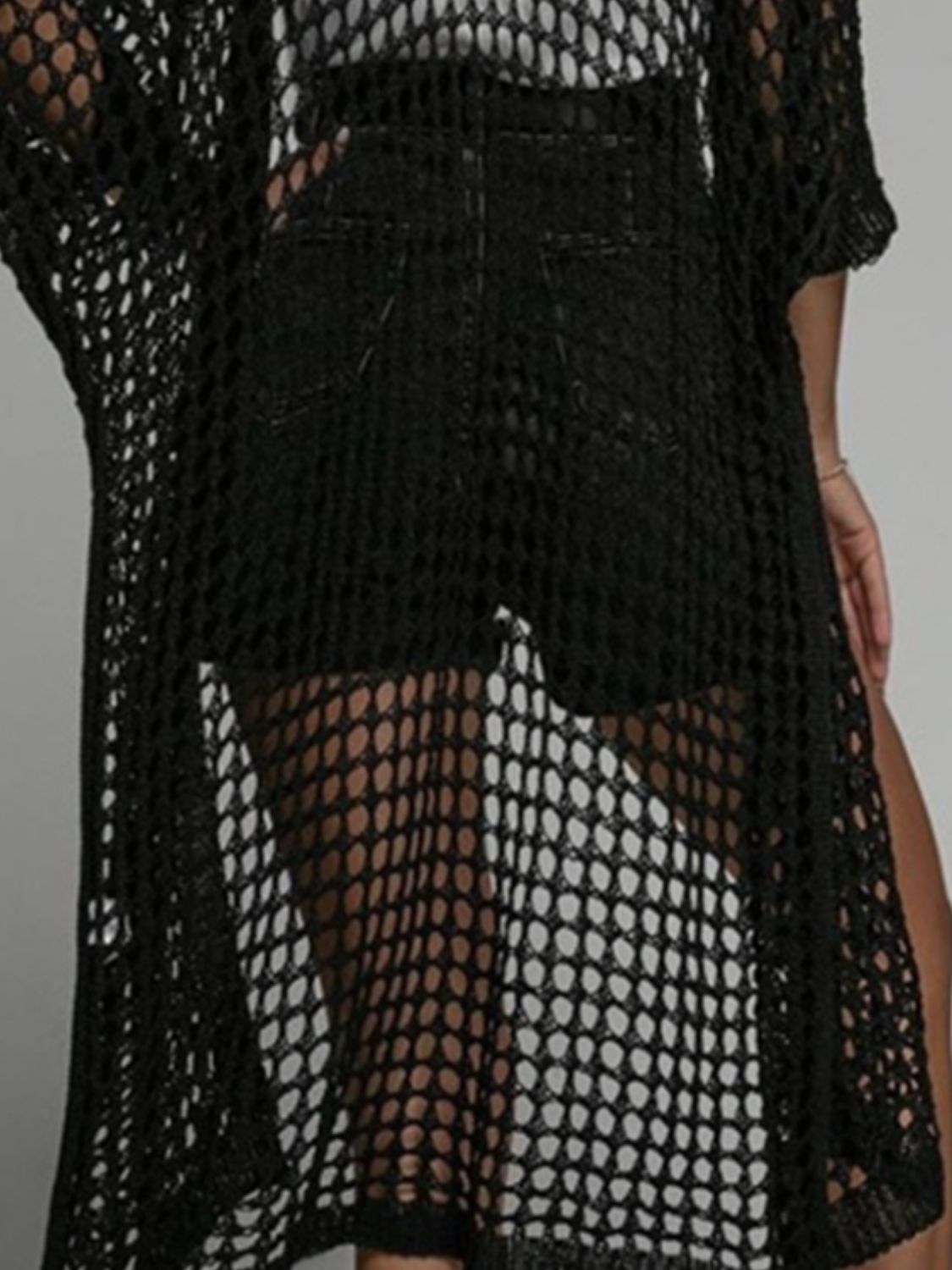 Openwork Open Front Three-Quarter Sleeve Cover Up