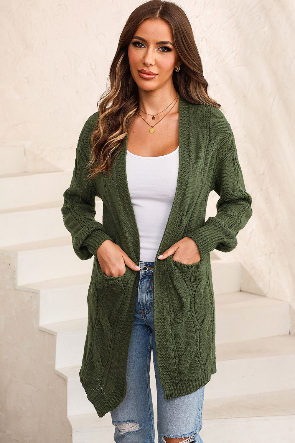 Cable-Knit Dropped Shoulder Slit Cardigan