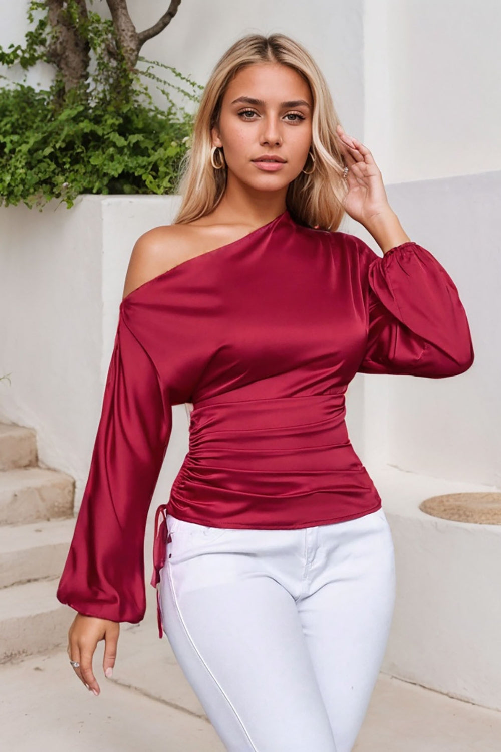 Drawstring One Shoulder Long Sleeve Blouse