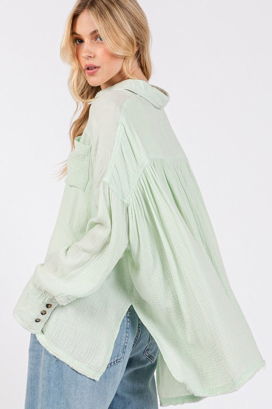 SAGE + FIG Frayed Hem Side Slit Button Down Shirt